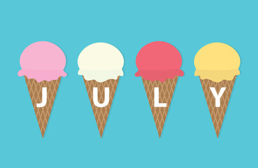 july word written on ice cream cones- vector illustration