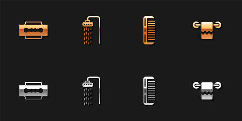 Set Blade razor, Shower, Hairbrush and Towel on hanger icon. Vector