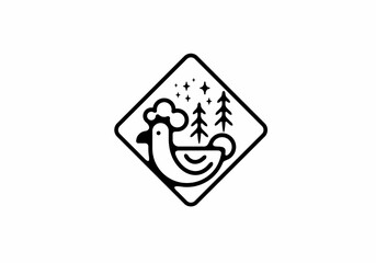 Black line art illustration of hen in tilted square shape