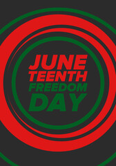 Juneteenth Independence Day. Freedom or Emancipation day. Annual american holiday, celebrated in June 19. African-American history and heritage. Poster, greeting card, banner and background. Vector