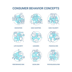 Fototapeta na wymiar Consumer behavior concept icons set. Product adoption idea thin line RGB color illustrations. Early adopters. Financial, performance risk. Vector isolated outline drawings. Editable stroke