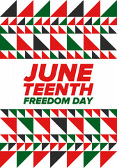 Juneteenth Independence Day. Freedom or Emancipation day. Annual american holiday, celebrated in June 19. African-American history and heritage. Poster, greeting card, banner and background. Vector