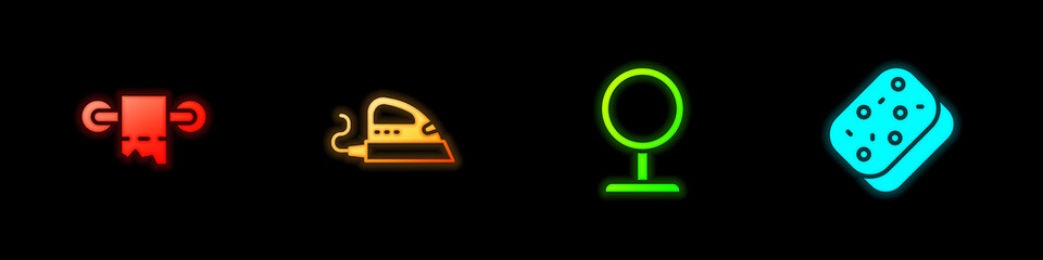 Set Toilet paper roll, Electric iron, Round makeup mirror and Sponge icon. Vector