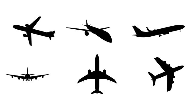 Silhouette of black and white aircraft in the sky, isolated. Vector Illustration