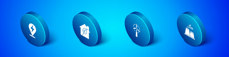 Set Isometric Lightning bolt, Wind turbine, Factory and Eco friendly house icon. Vector