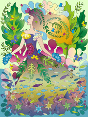 Girl Nature Fantasy clipart. Fantastic world with underwater and fishes. Butterfly and plants harmony