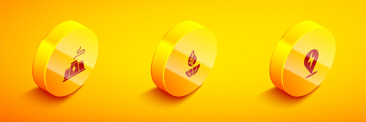 Set Isometric Power station plant factory, Earth globe and leaf and Lightning bolt icon. Vector