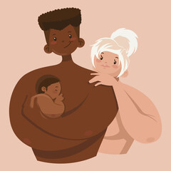 A multi-ethnic family with an adorable baby in his father's arms. Black father and white mom. Vector illustration. Father's day. Family day. For postcards and educational purposes.