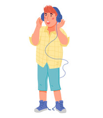 Cute child boy singing in headphones. Cartoon character of singing musical kid. Children music and vocal education concept, flat vector illustration isolated on white background.