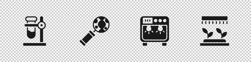 Set Test tube flask on stand, DNA research, search, Biosafety box and Automatic irrigation sprinklers icon. Vector