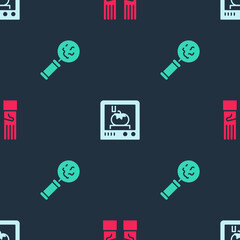 Set Medical rubber gloves, 3D printing technology and Microorganisms under magnifier on seamless pattern. Vector