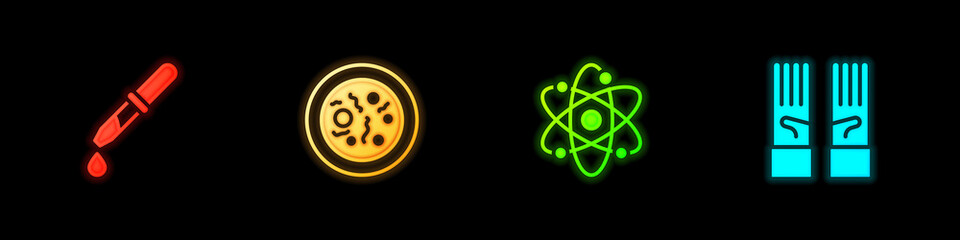 Set Pipette, Petri dish with bacteria, Atom and Medical rubber gloves icon. Vector