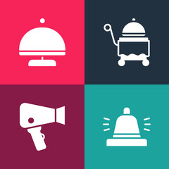 Set pop art Hotel service bell, Hair dryer, Covered with tray and icon. Vector
