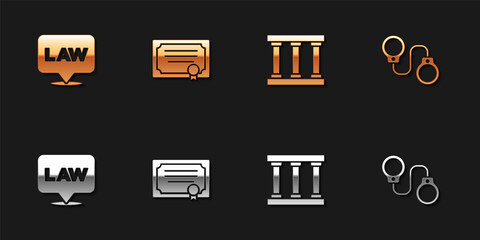 Set Location law, Certificate template, Prison window and Handcuffs icon. Vector
