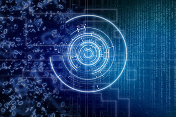 Blue digital futuristic circle on dark blue background. Technology wallpapr with binary code.