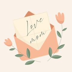 An image of an envelope with a cute note to mom and simple flowers. Declaration of love to mom. Isolated objects. Flat illustration. 