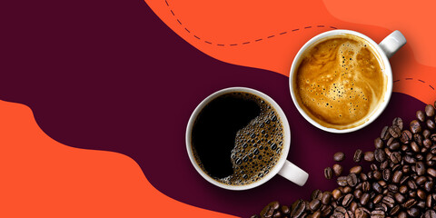 hot coffee and beans on purple and orange background. mockup and templates to create greeting,...