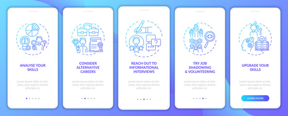 Career change steps onboarding mobile app page screen with concepts. Find new job tips walkthrough 5 steps graphic instructions. UI, UX, GUI vector template with linear blue gradient illustrations