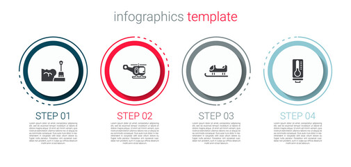 Set Shovel in snowdrift, Rescue helicopter, Sled and Meteorology thermometer. Business infographic template. Vector