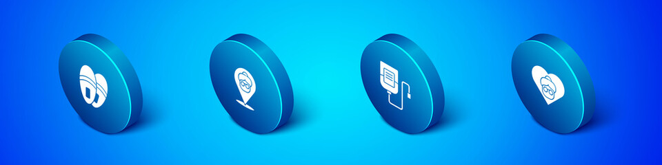 Set Isometric Slippers, IV bag, Grandmother and Nursing home icon. Vector