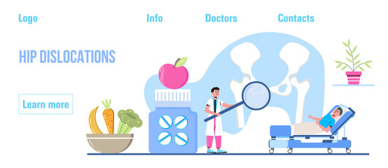 Hip dislocations concept vector. Rheumatoid arthritis of the foot. Tiny doctors treat rheumatism, osteoarthritis. World arthritis day in October. Flat concept vector for landing page,