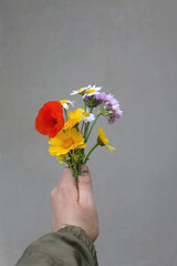 Hand holding various colorful picked flowers. Selective focus.