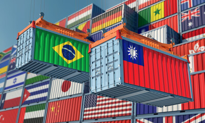 Freight containers with Italy and Taiwan national flags. 3D Rendering 