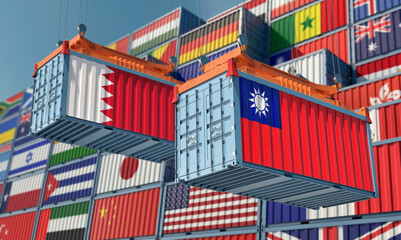 Freight containers with Bahrain and Taiwan national flags. 3D Rendering 