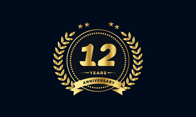 12th golden anniversary logo, with shiny ring and golden ribbon, laurel wreath isolated on navy blue background