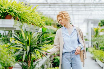 Stylish Blond Curly Woman Buying Green Plants in a Sunlight Garden Shop. Young woman shopping for decorative plants on a sunny floristic greenhouse market. Home and Garden concept.