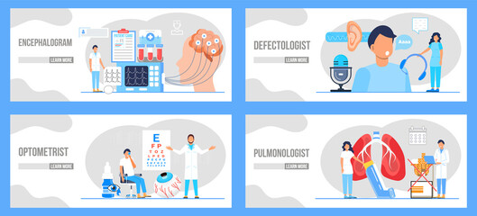 Pulmonologist, phthisiologist concept vector for the landing page, blog. Treatment of the prostate in the clinic, surgically. Medical ophthalmologist eyesight check up. Conjunctivitis