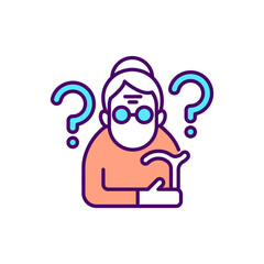 Confused elderly woman RGB color icon. Senior person with questions. Old pensioner with dementia. Alzheimer disease. Grandmother with anxiety from memory loss. Isolated vector illustration