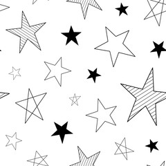 Cute seamless star pattern. Space texture, star background, doodle style, textile and fabric, abstract geometric print. Black stars from lines - with strokes and fills, striped and simple elements