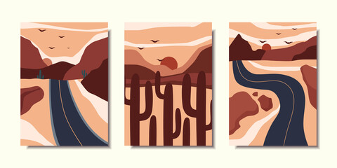 Collection of posters with a landscape. Modern Art. Mountains, sunset, cacti. Vector illustration.