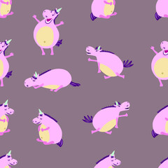 Pink unicorn. Seamless pattern. Vector graphics. Fat unicorn