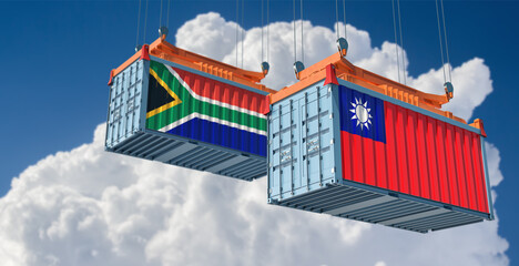 Freight containers with South Africa and Taiwan national flags. 3D Rendering 