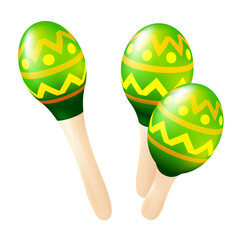 Colorful wooden maracas set. Mexican or Spanish traditional instruments isolated on a white background. Vector illustration