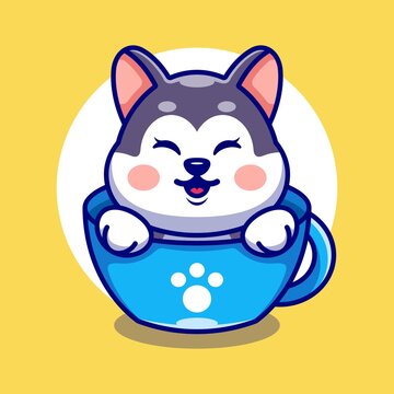 Cute husky on cup coffee cartoon