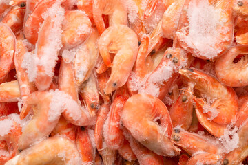 Fresh shrimps in ice. Top view.