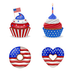 4th of july cakes. Set of american independence day sweets. isolated cupcakes and donuts with america flag colors.