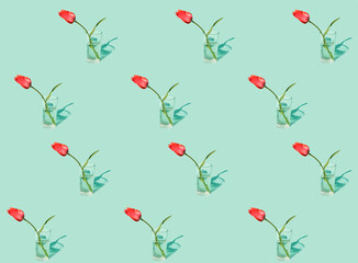 Pink tulips in glass. Spring pattern. Flowers wallpaper 
