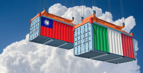 Freight containers with Italy and Taiwan national flags. 3D Rendering 