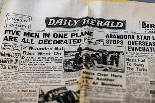 Close up of the Daily Herald newspaper from World War 2 on display in a museum