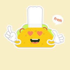 taco with chef hat character. cute and kawaii delicious tacos with beef or chicken, meat sauce, green salad and red tomato. Taco for restaurant or cafe event design. mexican food