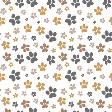 Paws brown seamless gray background, paw pattern, brown vector illustration