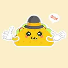taco with hat character. cute and kawaii delicious tacos with beef or chicken, meat sauce, green salad and red tomato. Taco for restaurant or cafe event design. mexican food