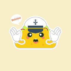 Fototapeta premium taco with navy hat character cute and kawaii delicious tacos with beef or chicken, meat sauce, green salad and red tomato. Taco for restaurant or cafe event design. mexican food