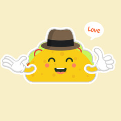 taco with hat character. cute and kawaii delicious tacos with beef or chicken, meat sauce, green salad and red tomato. Taco for restaurant or cafe event design. mexican food