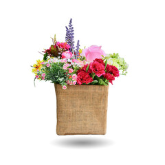 Fabric flower in sack bag isolated on white background. This has clipping path.  