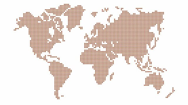Animated brown world map from point pattern. Vector illustration isolated on a white background.